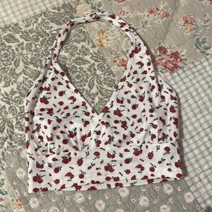 White V neck halter top with red flowers